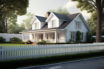 Charming old house on a green meadow with a wooden fence. Green field with small cozy wooden house. 3D model. Isolated. Vintage style. Digital Illustration Generative AI