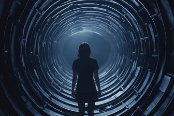 a woman standing in the middle of a dark tunnel