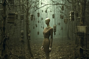 a woman standing in the middle of a forest with many bird feeders hanging from the trees