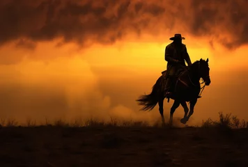 Foto op Plexiglas cowboy riding horse at sunset Generative AI © Paula