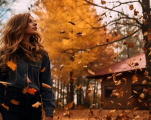 a woman standing in the middle of an autumn forest with fallen leaves