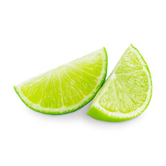 Two slices of fresh green juicy lime citrus fruit are a rich source of vitamin C, of sour taste, and are often used in culinary as an ingredient in refreshing cocktails for flavouring and garnish