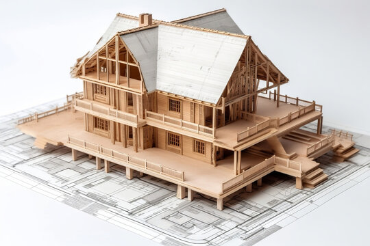 Blueprinting Dreams: Building House on Blueprints - Inspiring Stock Image for Sale