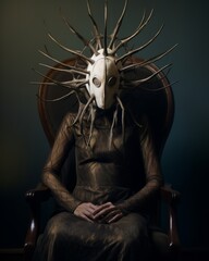 a woman wearing a mask sitting in a chair