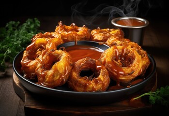 Onion rings on a plate, surrounded and drenched in hot, spicy sauce
