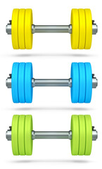 Fototapeta premium Set of dumbbells with rubber disks isolated on white background