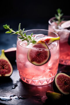 Pink cocktail with fig, thyme and ice in glass