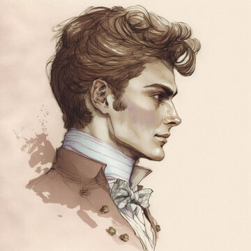 Handsome man from the Victorian era, book cover or avatar person painted in brown watercolor, AI generative male model from the 1800s, English or British nobleman, bachelor