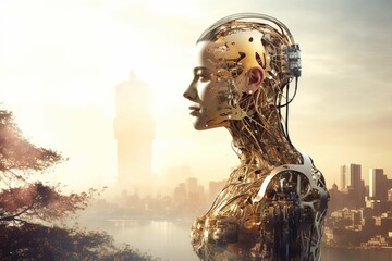 a woman with a robot head standing in front of a cityscape