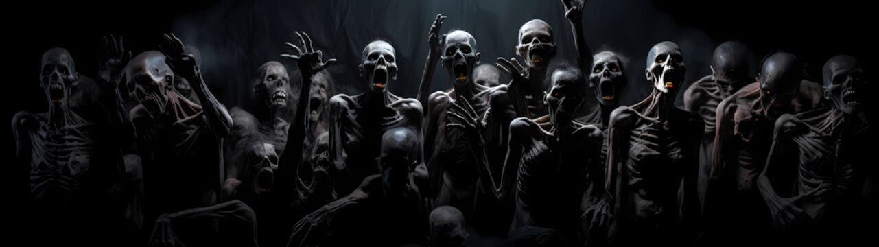 Ultra-Wide Background of a Dark Room Full of Zombies  (Generative AI)