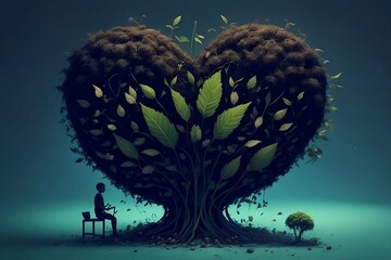 Renewal of Life: From a Withered Heart Emerges a Tree, Symbolizing Saving Trees with Care