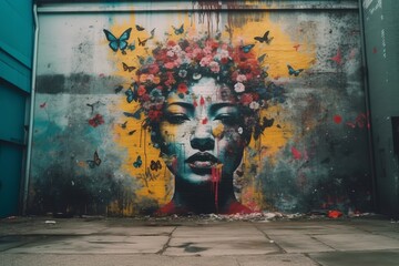 a woman with flowers on her head is painted on a wall