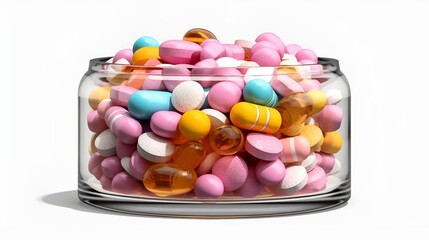 Clipart of a single glas bottle containing pills with different colors