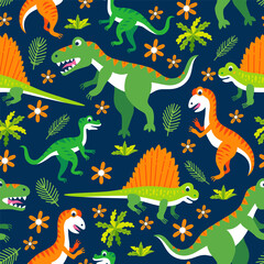 Childish seamless pattern with funny dinosaurs in cartoon. Ideal for cards, invitations, party, banners, kindergarten, baby shower, for fabric, textile, preschool and children room decoration
