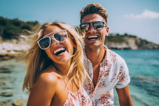 Young valentine couple in love outdoor.Outdoor closeup fashion portrait of young beautiful stylish couple in summer on the sea pier. Fun and smile. Romantic Sunset together. Generative AI