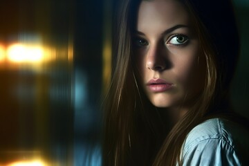 Fototapeta premium a woman with long brown hair is looking at the camera