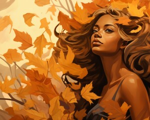 a woman with long hair and leaves in the background