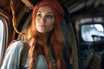 Fototapeta na wymiar a woman with long red hair and a turban is looking out the window of an airplane
