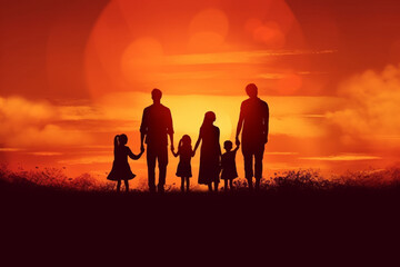 Fototapeta na wymiar silhouette of a happy family with children on nature Generative AI