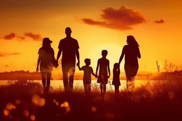 silhouette of a happy family with children on nature Generative AI
