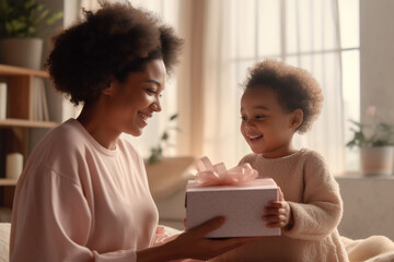 Portrait of overjoyed young african American mother and little daughter sit on couch hold birthday presents hug and cuddle, smiling biracial mom and girl child celebrate anniversary Generative AI