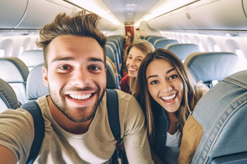 Fototapeta na wymiar Young handsome couple taking a selfie on the airplane during flight around the world. They are a man and a woman, smiling and looking at camera. Travel, happiness and lifestyle Generative AI