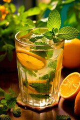 refreshing drink in a glass with orange and mint on a wooden board on a white background close-up Generative AI