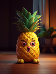 Cute funny cartoon pineapple. Illustration in 3d style. Generative AI.