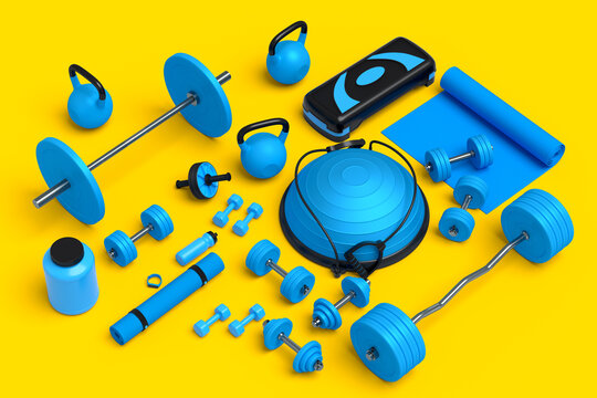 Isometric view of sport equipment like kettlebell, dumbbell and yoga mat