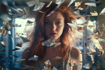 a woman with red hair is surrounded by broken glass