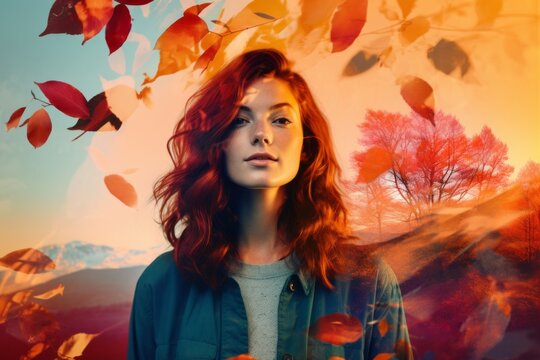 a woman with red hair is surrounded by autumn leaves