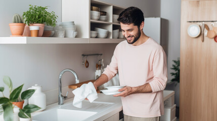 A man doing the dishes, washing plates, chores and housekeeping, equality