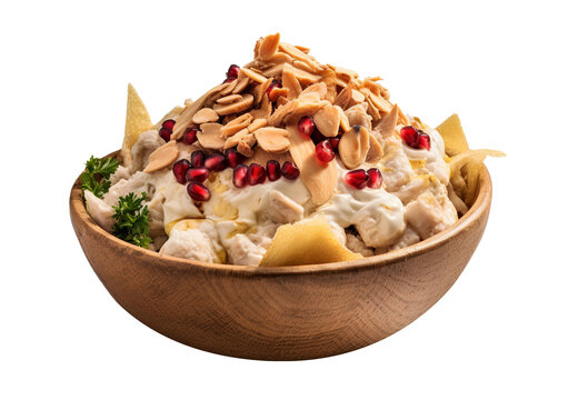 Lebanese chicken fatteh on transparent background. Generative AI.