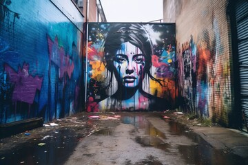 a womans face is painted on a wall in an alley - obrazy, fototapety, plakaty