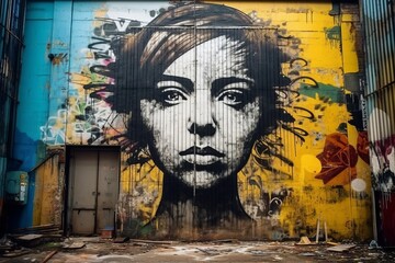 a womans face is painted on a wall in an alley