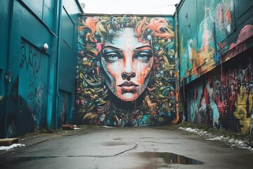 a womans face is painted on a wall in an alley