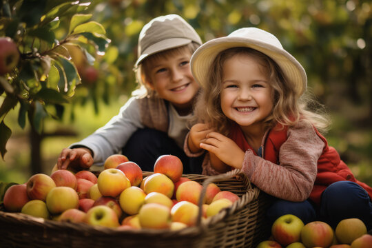 Children picking apples in the garden