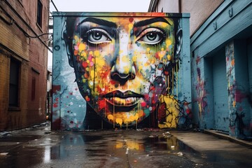 a womans face painted on a wall in an alley