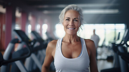 Fototapeta na wymiar Portrait of a happy mature woman in the gym