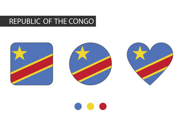 Republic of the Congo 3 shapes (square, circle, heart) with city flag. Isolated on white background.