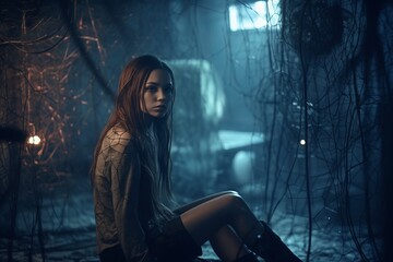 a young woman sitting in the woods at night