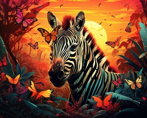 a zebra in the jungle with butterflies