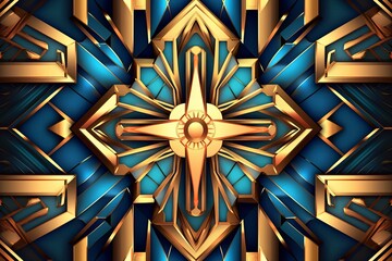 abstract blue and gold art deco style background with a cross in the center