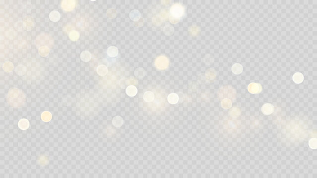 Golden dust light png. Christmas glowing bokeh confetti and sparkle overlay texture for your design. Stock royalty free vector illustration. PNG	