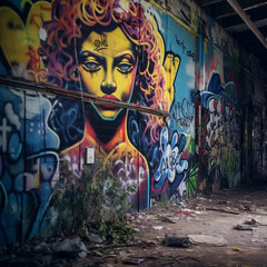 Naklejka na ściany i meble an abandoned building with graffiti on the walls