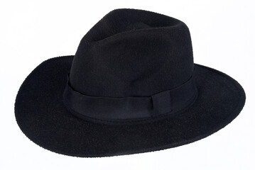 natural black felt hat wide-brimmed hat isolated on white background cowboy head protection
