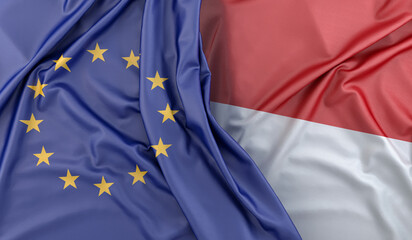 Ruffled Flags of European Union and Indonesia. 3D Rendering