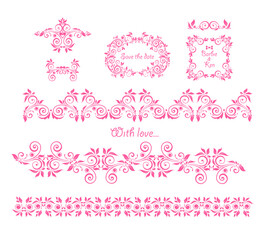 Beautiful pink floral decorative frames, headers and seamless borders set for baby girl arrival greeting card, fashion embroidery, book decor or wedding in Barbie style. Part 3