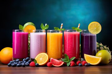 colorful drinks including orange juice, pineapple juice, lemon juice, strawberry juice, coconut milk and orange juice healthy recipe Generative Ai