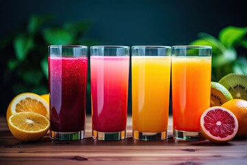 Fototapeta premium 4 glasses of different fruit juices in a clear glass Generative AI